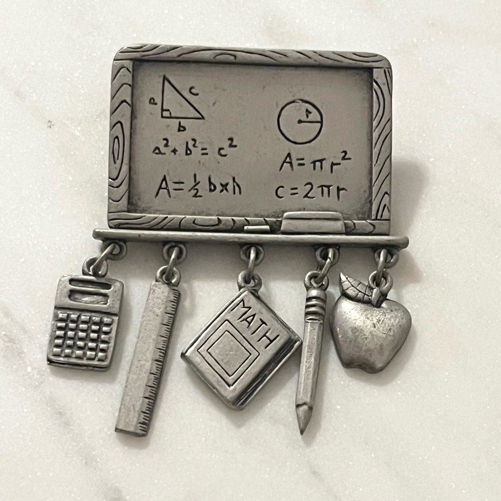 J.J. Vintage Silver Math Teacher Brooch Jewelry 2.5 x 2 Inch Calculator Ruler